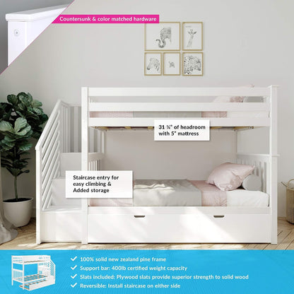 Max & Lily Bunk Bed, Twin-Over-Twin Bed Frame for Kids with Stairs and Trundle, White3