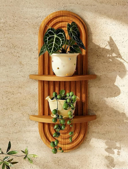 Boho Wall Decor Plant Wall Shelf Wood Plant Holder 2 Tier Brown | Mid Century Modern Decor Hanging Plant Shelf Wooden Floating Shelves for Home Bedroom Living Room Holding Planter Decoration1