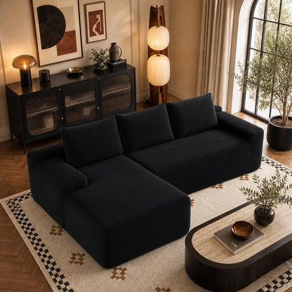 Black 96.9 Inch Right Chaise Sectional Sofa, Boneless Corduroy Cloud Couch with Spring Coils & High-Resilience Foam, Deep Seat Oversized Compact Living Room Set, No Assembly, Stain-Resistant Fabric1