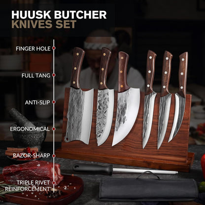 Butcher Knife Set with Roll Bag, Hand Forged Sharp Kitchen Knife Set | High Carbon Steel 7PCS Meat Cleaver Knife, Bone Chopper Knives, Fillet Knives for Kitchen, Camping BBQ, Gift for Men6