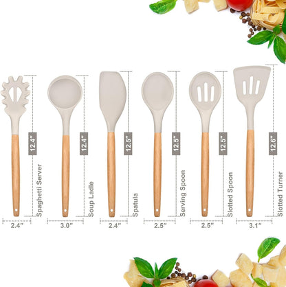 Cooking Utensils Set of 6, Silicone Kitchen Utensils with Wooden Handle, Non-Stick Cookware Friendly & Heat Resistant, Includes Spatula/Ladle/Slotted Turner/Serving Spoon/Spaghetti Server(Khaki)2