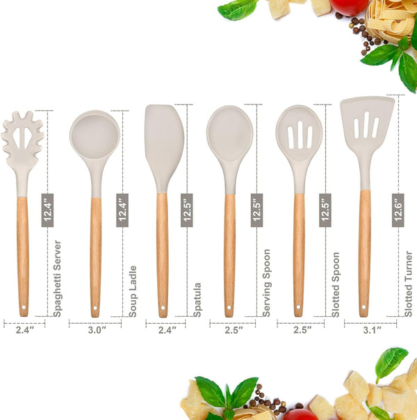 Cooking Utensils Set of 6, Silicone Kitchen Utensils with Wooden Handle, Non-Stick Cookware Friendly & Heat Resistant, Includes Spatula/Ladle/Slotted Turner/Serving Spoon/Spaghetti Server(Khaki)2