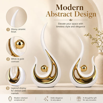 2Pcs White and Gold Modern Abstract Art Statue Table Decoration,Elegantes Ceramic Statue for Home Décor Accent,Mantel,Bookshelf,Centerpiece Table Decorations for Dining Room,Adornos Para Sala6