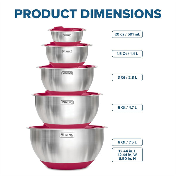 Viking Mixing Bowls Set, 10 Piece Stainless Steel Kitchen Cookware, Non-Slip Silicone Base, Includes Tight Fit Lids, Dishwasher Safe, Red5