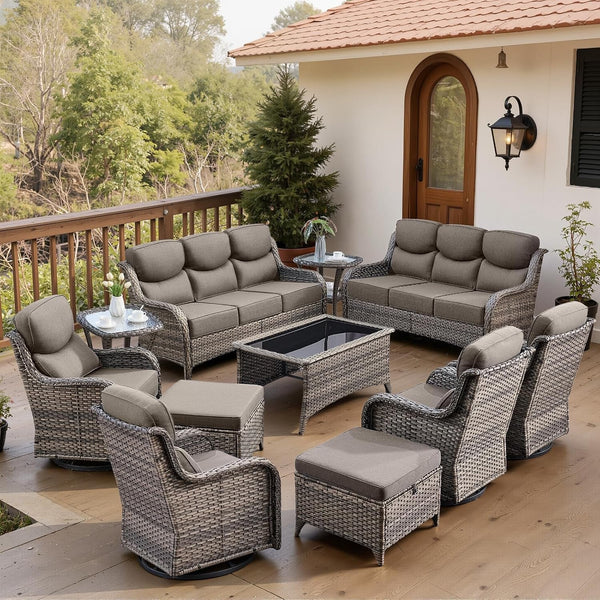Luxury 6" Thick Cushioned 11 Pieces Patio Furniture Set with Outdoor Couch, Wicker Outdoor Conversation Set with High Back Swivel Rocker Chairs for Deck Porch Yard and Poolside - Grey+Grey1