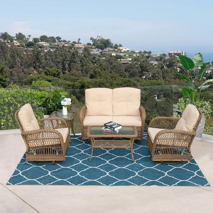 5-Piece Outdoor Patio Wicker Conversation Sets, All Weather Outdoor Rattan Furniture Set Includes Glider Loveseat, 2 Coffee Table, 2 Swivel-Gliders Chairs with Cushions, Light Brown1