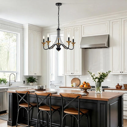 5‑Light Modern Farmhouse Candle Pendant, Matte Black with Antique‑Gold Accents, Chandelier Hanging Light Fixture for Kitchen Island, Entryway, Stairwell, E12 Base3