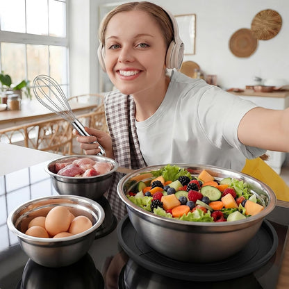 18 Pack Stainless Steel Mixing Bowls with Lids Set Includes Stainless Steel Measuring Cups and Spoons Wire Balloon Whisk Silicone Spatulas Suitable for Kitchen Cooking Baking(Black)6