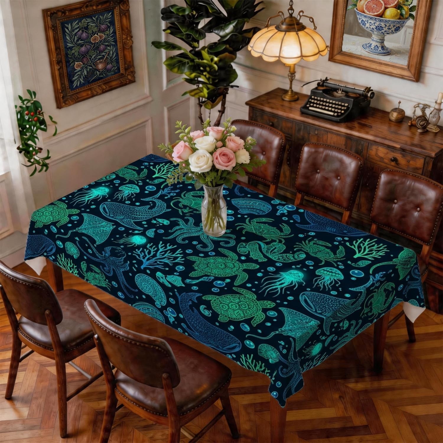 octopus-rectangle-table-cloth-nautical-fanciful-shell-coral-summer-teal-stain-resistant-washable-table-linens-party-supplies-for-kitchen-banquet-picnic-camping-60x86-inch