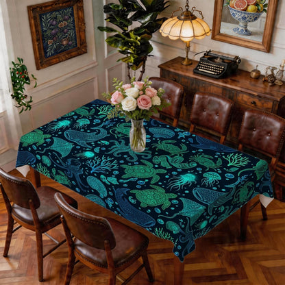 Octopus Rectangle Table Cloth, Nautical Fanciful Shell Coral Summer Teal Stain Resistant Washable Table Linens Party Supplies for Kitchen Banquet Picnic Camping 60X86 Inch5
