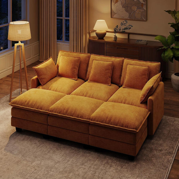 107" Modular Sectional Cloud Sofa, U Shaped 6 Seat Chenille Couch with Movable Ottomans and 48" Deep Seat, Convertible Couches for Living Room, Orange9