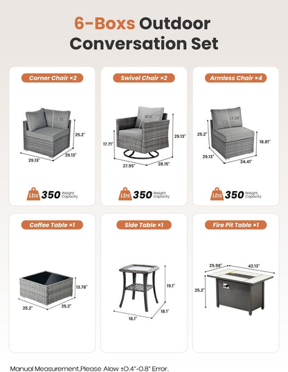 11 Piece Outdoor Patio Furniture Set with Fire Pit Table,Conversation Sectional Wicker Couch with Swivel Chairs,Modern outside Sofa for Balcony Backyard, Dark Grey9