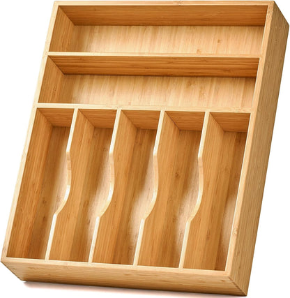 Bamboo Kitchen Drawer Organizer, 13 Inch Silverware Utensil Tray Holder, Extra Deep Grooved Drawer Divider, 7 Slots Total Bamboo Wood Caddy for Flatware Cutlery Knives, Forks, Spoons1