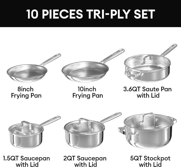Tri-Ply Stainless Steel Cookware Set, 10Pcs Pots and Pans Set Non Toxic | PFOA Free, Oven Safe to 900℉, Dishwasher Safe, All Cooktop Compatible6