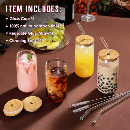 Drinking Glasses with Bamboo Lids and Glass Straw 4Pcs Set - 16Oz Glass Cups, Iced Coffee Glasses, Cute Iced Tea Glasses, Beer Glasses, Ideal for Coffee Bar Accessories, Aesthetic Gift - 2 Brushes2