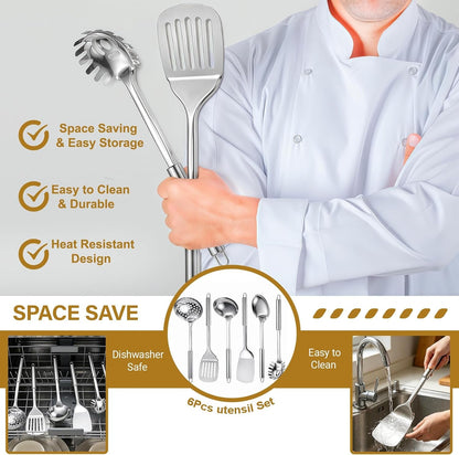 Stainless Steel Kitchen Utensils Set, 6 PCS Metal Cooking Utensils Set, Heat Resistant Cooking Spatula Spoon Set with Turners, Serving Spoon, Ladle, Skimmer, Pasta Server3