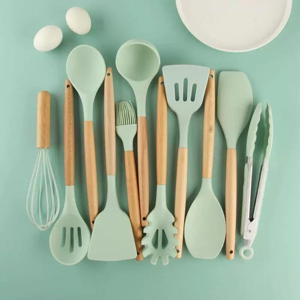 Caboh Silicone Kitchen Utensil Set 12 PCS – Heat Resistant Cooking Tools with Spatula, Serving Spoon, Tongs, Whisk & Holder, Nonstick Safe Bpa-Free Kitchen Accessories Set (Light Green)2