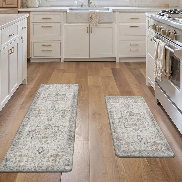 anti Fatigue Kitchen Mats for Floor 2PCS, Standing Rugs,Graytaupe | 17.3"X47"+17.3"X30", Vintage Boho Cushioned Set, Waterproof, Non Slip, Easy-Clean for Home, Laundry,Sink, Office, Farmhouse6