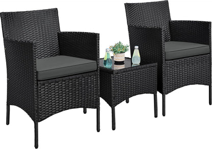 3 Pieces Patio Porch Furniture Set, Outdoor PE Rattan Wicker Conversation Set with Soft Cushions, Glass Coffee Table & 2 Chairs for Garden/Deck/Courtyard/Poolside, Black/Gray1
