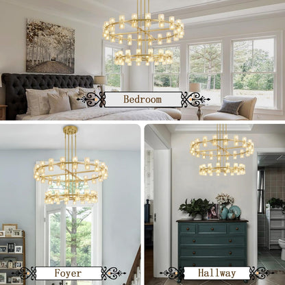 2 Tier Gold Wagon Wheel Chandelier, 108-Lights Farmhouse Pendant Light Fixture, Rustic round Chandelier for Foyer Entryway Living Room (Dia 32"+40")5