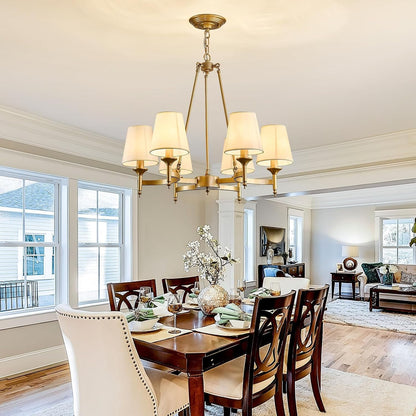 Gold Wagon Wheel Chandelier with White Linen Shade 6-Light Industrial Ceiling Light Fixture 26.8Inch Large Farmhouse Hanging Pendant Light for Dining Living Room Kitchen Bedroom Entryway Foyer6