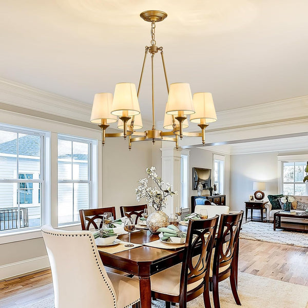 Gold Wagon Wheel Chandelier with White Linen Shade 6-Light Industrial Ceiling Light Fixture 26.8Inch Large Farmhouse Hanging Pendant Light for Dining Living Room Kitchen Bedroom Entryway Foyer6