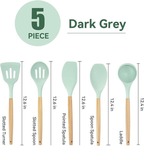 Kitchen Utensils Set, 5 Pcs Non-Stick Silicone Kitchen Cooking Utensils with Wooden Handle, Kitchen Spatula Cookware Utensils Set, Heat Resistant Silicone Kitchen Gadgets (Light Green)3