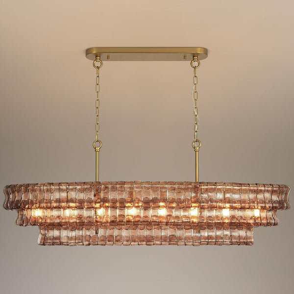 55-Inch 3-Tier Rectangular Smoke Glass Chandelier, 8-Light Solid Brass1