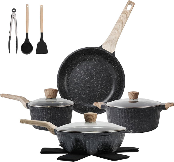 Pots and Pans Set Non Stick, 13Pcs Kitchen Cookware Sets, Granite Stone Induction Cookware Non Stick Cooking Set W/Frying Pans, Saucepans, Sauté Pan (PFOA Free), Black1