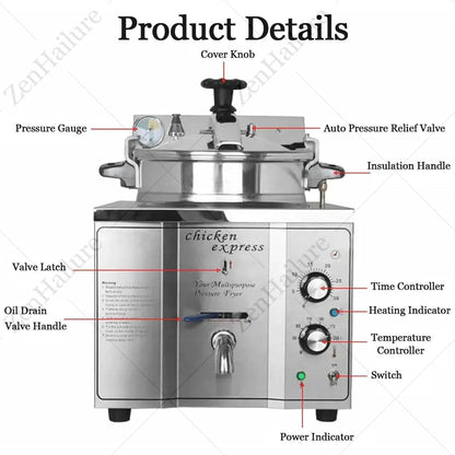 16L Commercial Electric Pressure Fryer,Stainless Steel Countertop Chicken Fryer with Safety Lock,Oil Drain Thermostat Control for Restaurant and Food Truck Use7