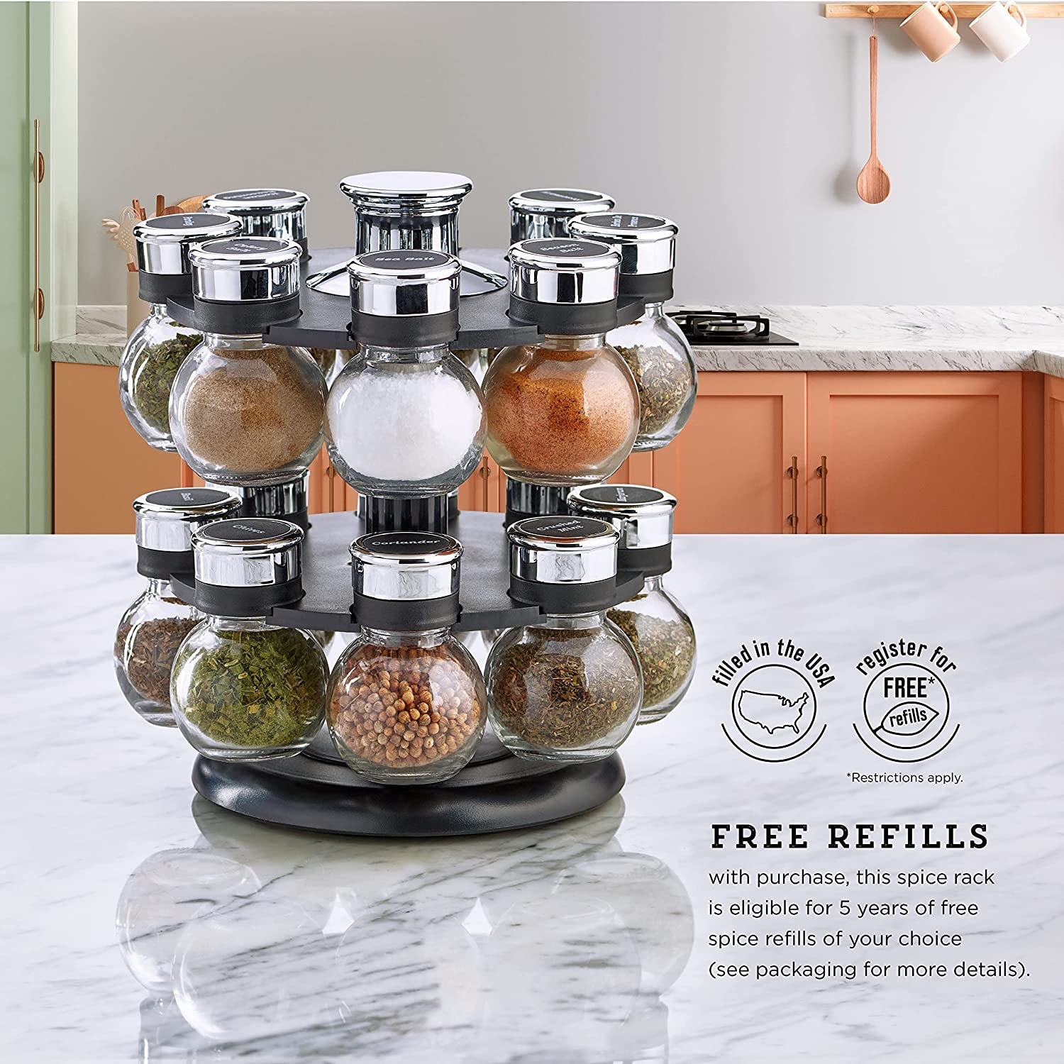 16-jar-ellington-revolving-countertop-spice-rack-with-lift-pour-caps-and-spices-included-free-spice-refills-for-5-years-black-and-chrome