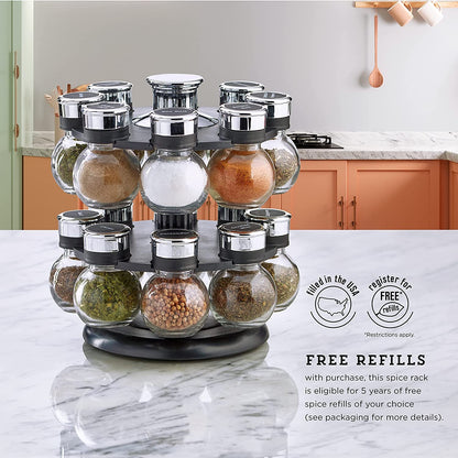 16 Jar Ellington Revolving Countertop Spice Rack with Lift & Pour Caps and Spices Included, FREE Spice Refills for 5 Years: Black and Chrome6