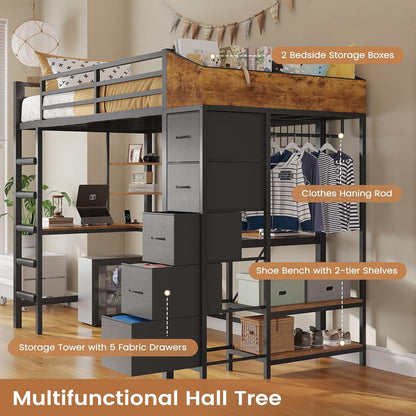 Loft Bed Twin Size with Hall Tree, Charging Station and LED Lights, Metal Loft Bed with L-Shaped Desk, 5 Storage Drawers, Heavy Duty Twin Size Bed with Stairs, No Box Spring Needed, Black3