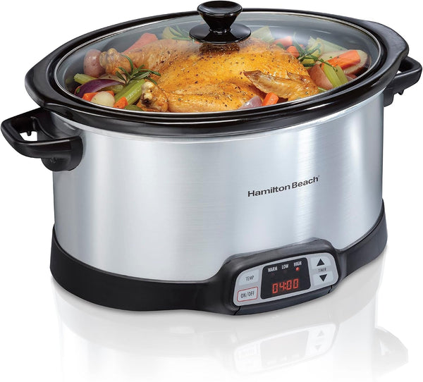 Set & Forget 8 Quart Programmable Slow Cooker | Flexible Cooking Options with 3 Heat and Adjustable Time Settings | Dishwasher-Safe Stoneware Crock & Glass Lid | Silver1
