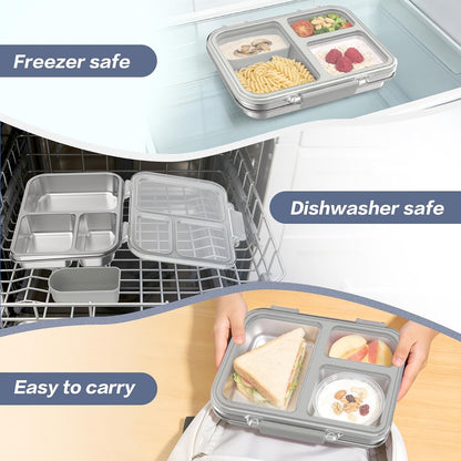 Stainless Steel Bento Box for Kids, 3-Compartment Metal Lunch Box with Clear Lid & Removable Silicone, Lunch Box Kids with Silicone Inner Container for Meal Prep, School, Office (Grey)3