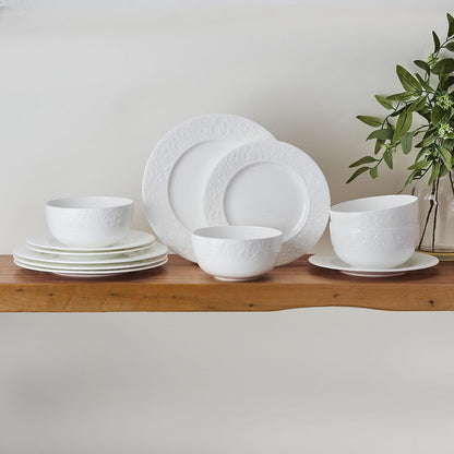 Claire Floral Bone China Lightweight Chip Resistant 12 Piece Dinnerware Set, Service for 4, White4
