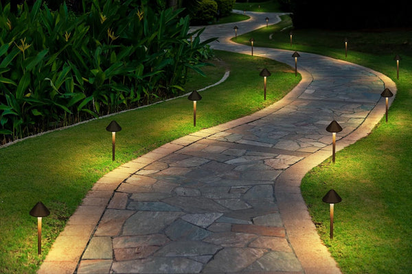Solid Brass Landscape Path Lights (5" Shade, 20" Tall), Low Voltage LED 3W 12-24V AC/DC Conehead Path Lighting, 2700K Outdoor Waterproof Walkway Light, with Stake and G4 Bulb, 2 Pack6