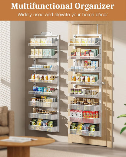over the Door Pantry Organizer 8-Tier, Large Metal Door Spice Rack with Adjustable Basket, 2 in 1 Wall Mount or Hanging Heavy-Duty Pantry Door Storage Shelf for Kitchen and Bathroom, White4