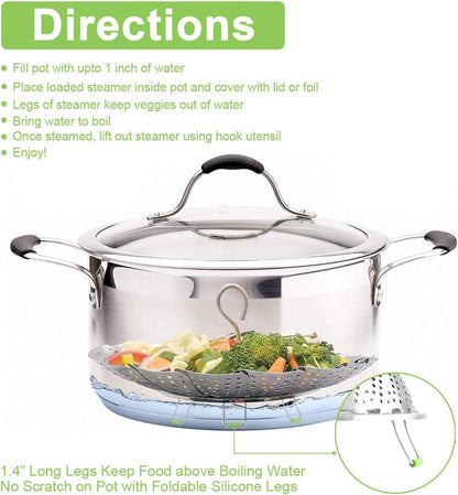 Stainless Steel Steamer Basket, Vegetable Steamer Basket for Instant Pot, Insert for Veggie/Seafood Cooking/Boiled Eggs with Safety Tool - Adjustable Sizes to Fit Various Pots (5.1" to 9.5")7