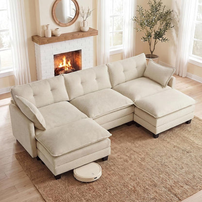 111.5" U Shaped Modular Sectional Sofa, Beige Corduroy1