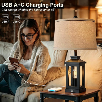 23.75" Retro Farmhouse Black Table Lamp for Living Room Bedroom Nightstand | Touch Control Bedside Nightlight Vintage Modern Lamp with USB C+A Ports and 2 Light Sources, Rustic Lamp, Bulbs Included7