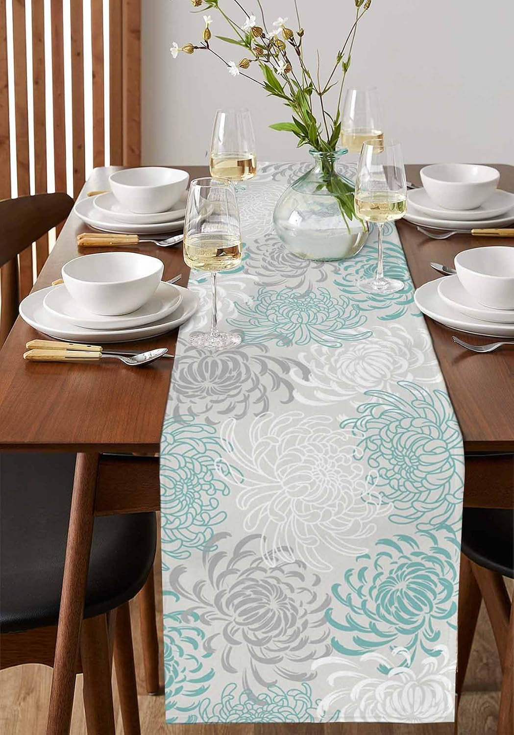 aqua-chrysanthemum-flowers-table-runner-cotton-linen-long-13x120-inches-dresser-scarves-floral-grey-tablerunner-for-kitchen-coffee-dining-end-table-bedroom-living-room-scarf-decor-for-holiday