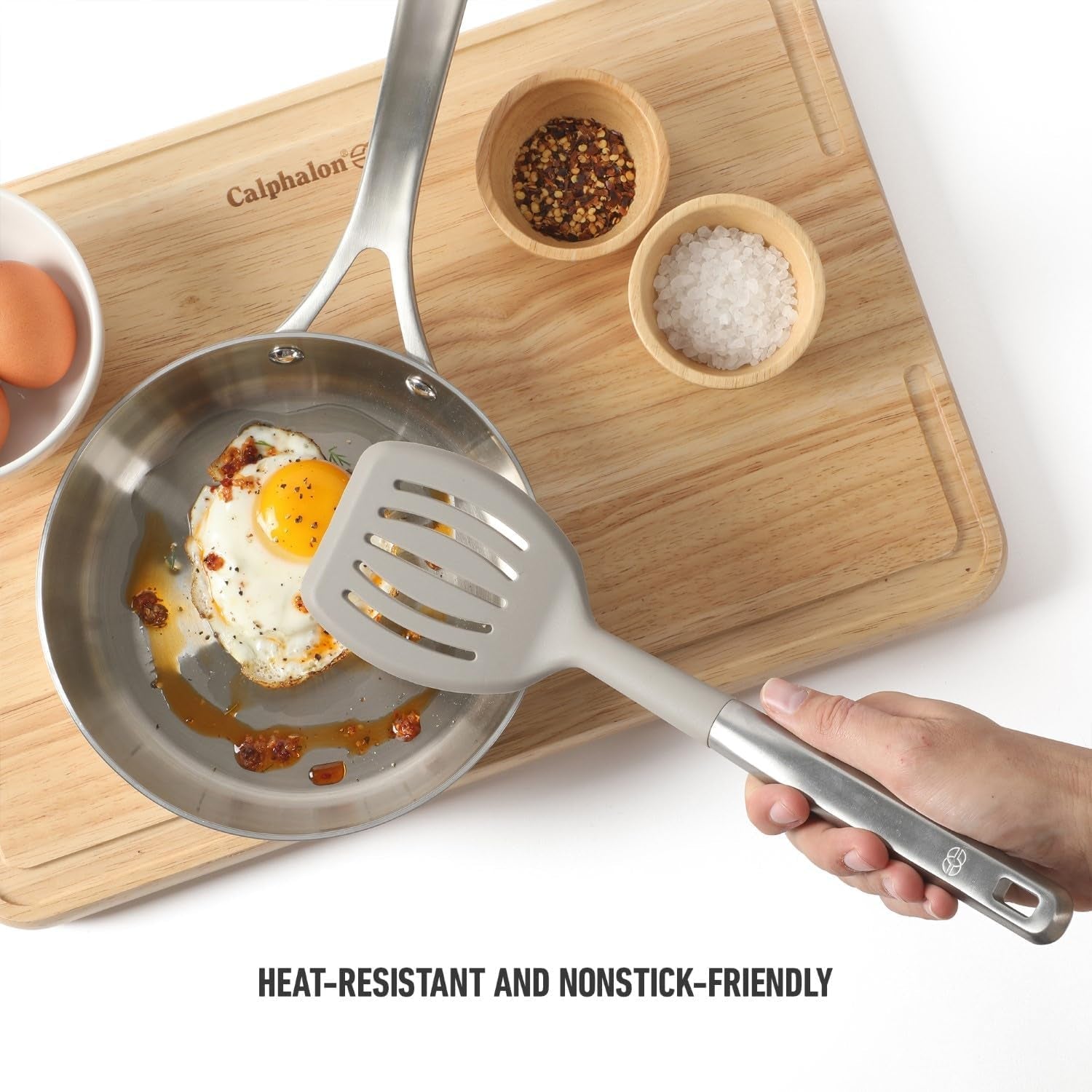 calphalon-prime-slotted-turner-kitchen-flipping-spatula-slotted-spatula-with-silicone-head-and-stainless-steel-handle-heat-resistant-nonstick-cookware-for-flipping-and-draining-taupe