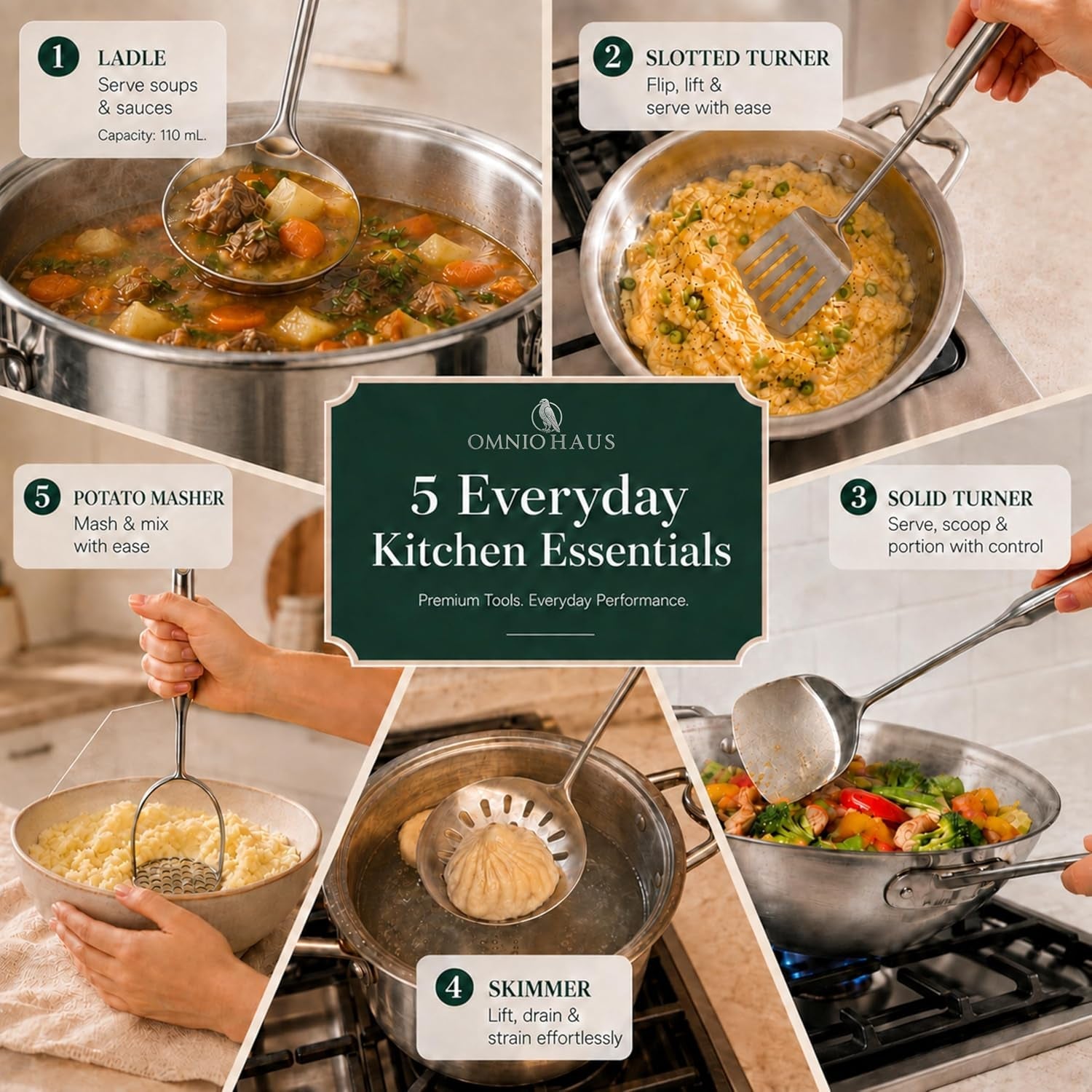premium-stainless-steel-kitchen-utensil-set-5-piece-304-18-8-cooking-utensils-with-hooks-soup-ladle-slotted-turner-solid-wok-turner-skimmer-potato-masher-storage-bag-and-gift-box