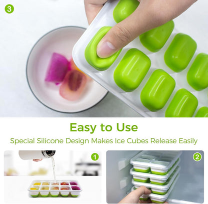 Ice Cube Tray with Lids, 4 Pack Silicone Ice Trays for Freezer | Stackable BPA & LFGB Safe, Easy Release for Kitchen, RV, Cocktail, Coffee, Soup & Food4