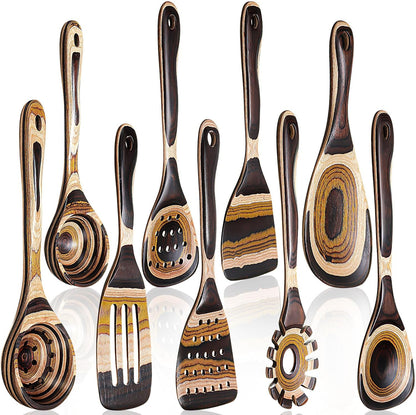 9 Pcs Brown Pakkawood Wood Kitchen Utensils Cooking Set1