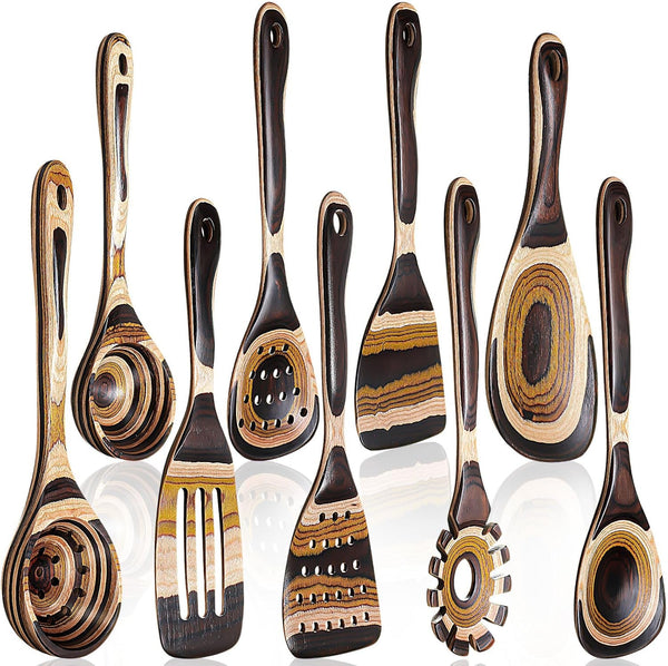 9 Pcs Brown Pakkawood Wood Kitchen Utensils Cooking Set1