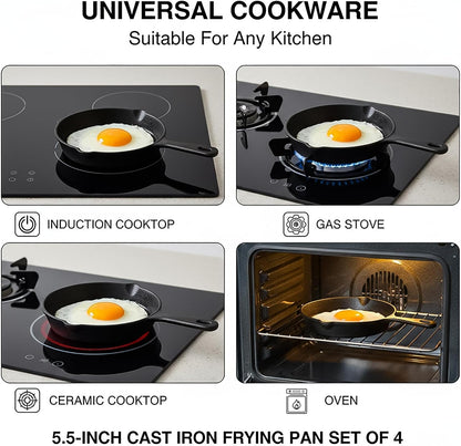 4 Pack Small Cast Iron Skillet, 5-1/2 Inch Frying Pans with Double Drip-Spouts for Stove, Oven, Grill Safe, Indoor and Outdoor Use, Non-Stick3