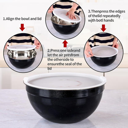 Black Mixing Bowls with Lids Set of 7, Stainless Steel Nesting Bowl with Khaki Lid for Non-Slip Mixing Prepping Storing Serving, 7 Sizes-7/3.6/2.7/2.1/1.5/1/0.8 QT3