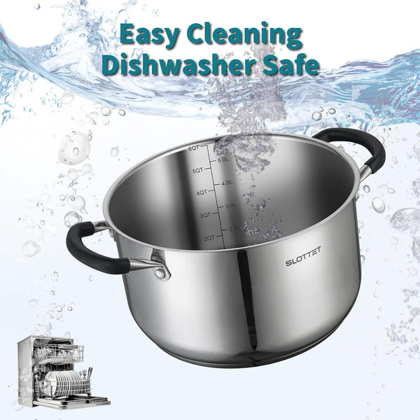6 Quart Stainless Steel Stock Pot with Steamer,6 Qt Multipurpose Stockpot with Stay-Cool Silicone Handle and Glass Lid,Soup Pot for Cooking5